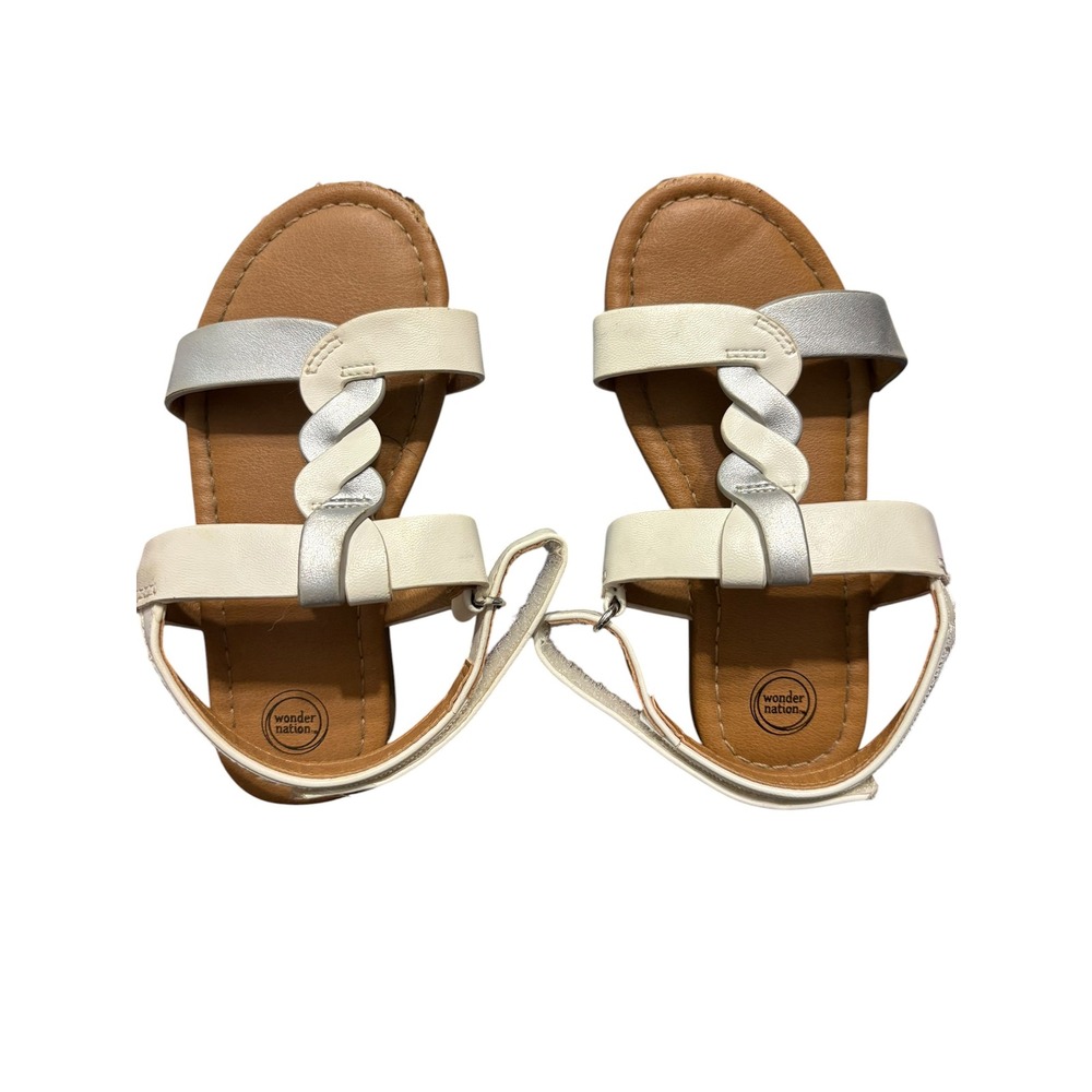Wonder Nation Girls White Silver Braided T-Strap Sandals Size 8 Hook Loop Strap